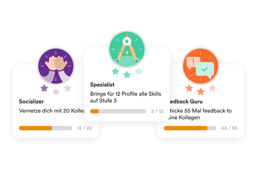 Abbildung von 3 Abzeichen mit den Anforderungen, die Nutzer erfüllen müssen, um das Badge zu erhalten
