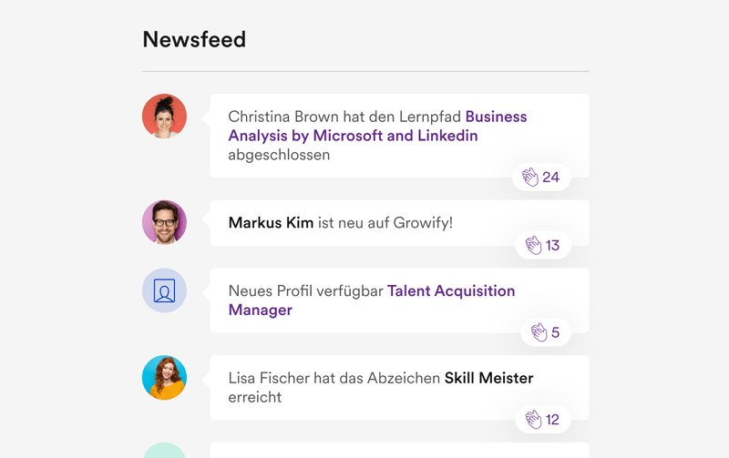 Soziales Lernen im Einsatz, ein Screenshot des Newsfeeds in der Growify-App. Soziales Lernen im Einsatz, ein Screenshot des Newsfeeds in der Growify-App.
